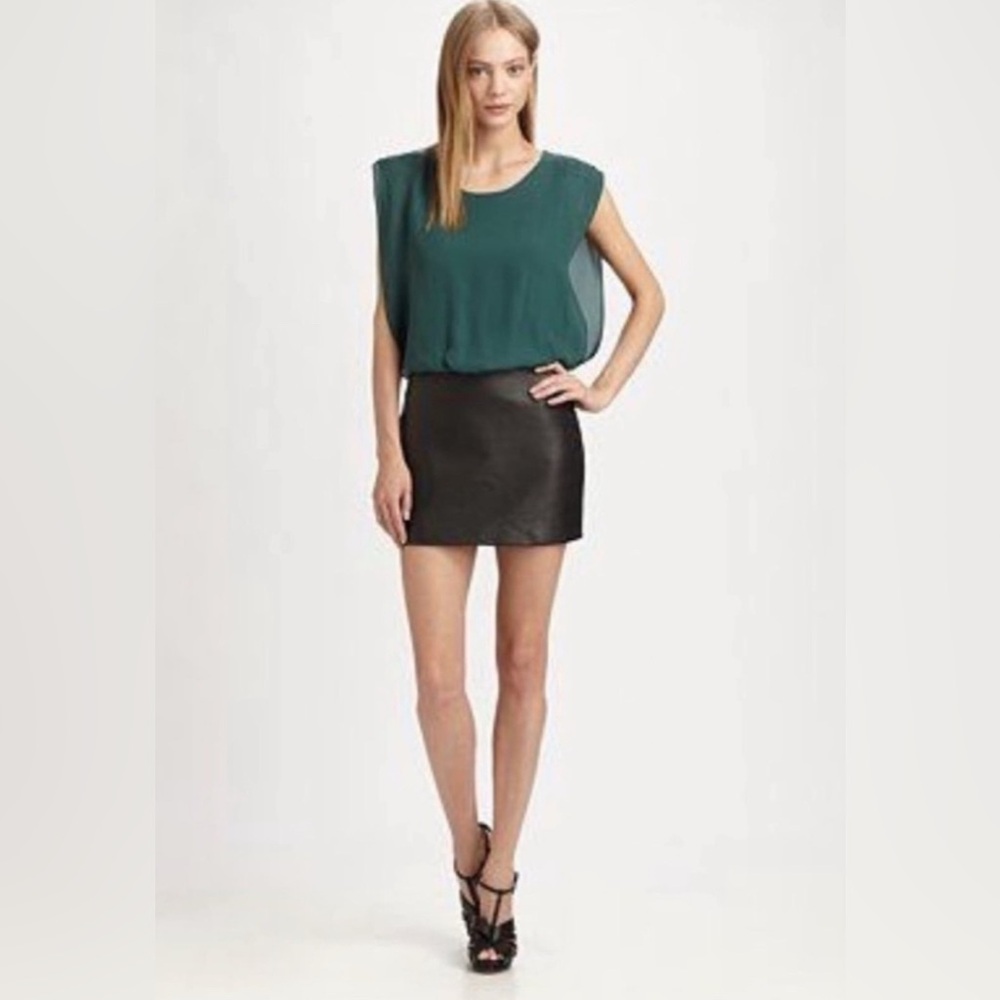 Parker Green Silk Top Black Leather Skirt Mini Dress size Medium
